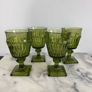 Indiana Glass | 4 Vintage Mount Vernon Avocado Green Water Goblets Pedestal Cups